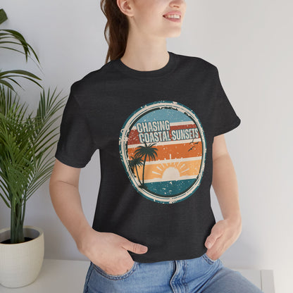 Chasing Coastal Sunsets Vintage Coastal T-Shirt — Distressed Retro Badge Tee