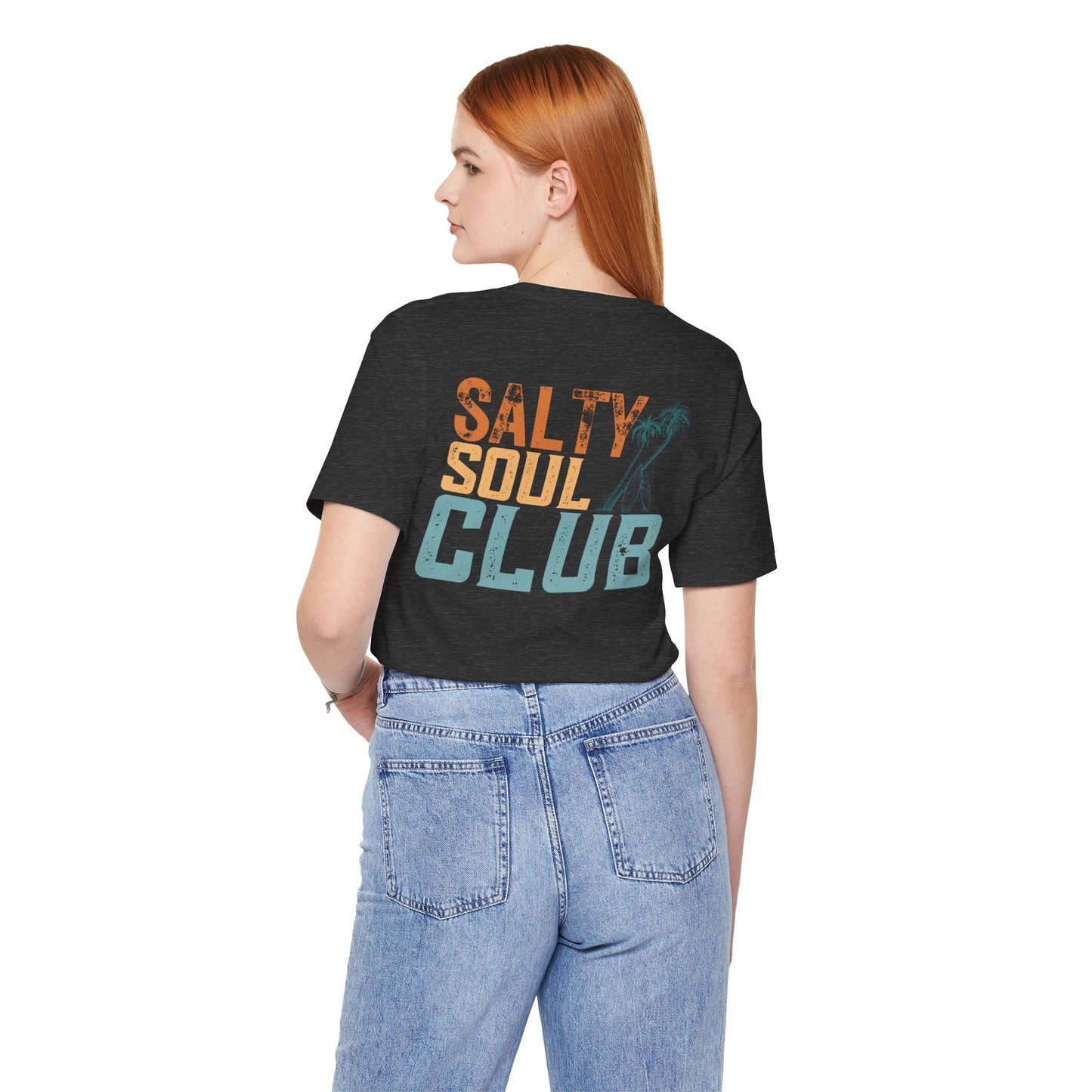Salty Soul Club Vintage Retro Coastal T-Shirt — Distressed Text Block Back with Logo Front