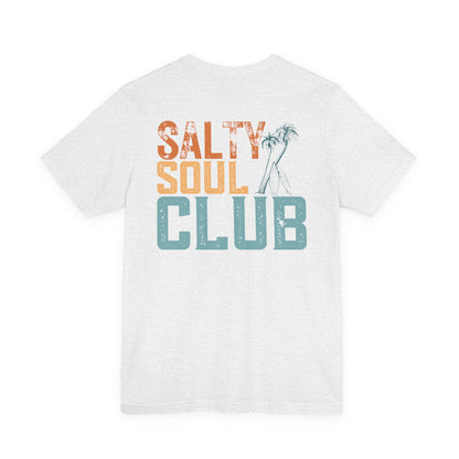 Salty Soul Club Vintage Retro Coastal T-Shirt — Distressed Text Block Back with Logo Front