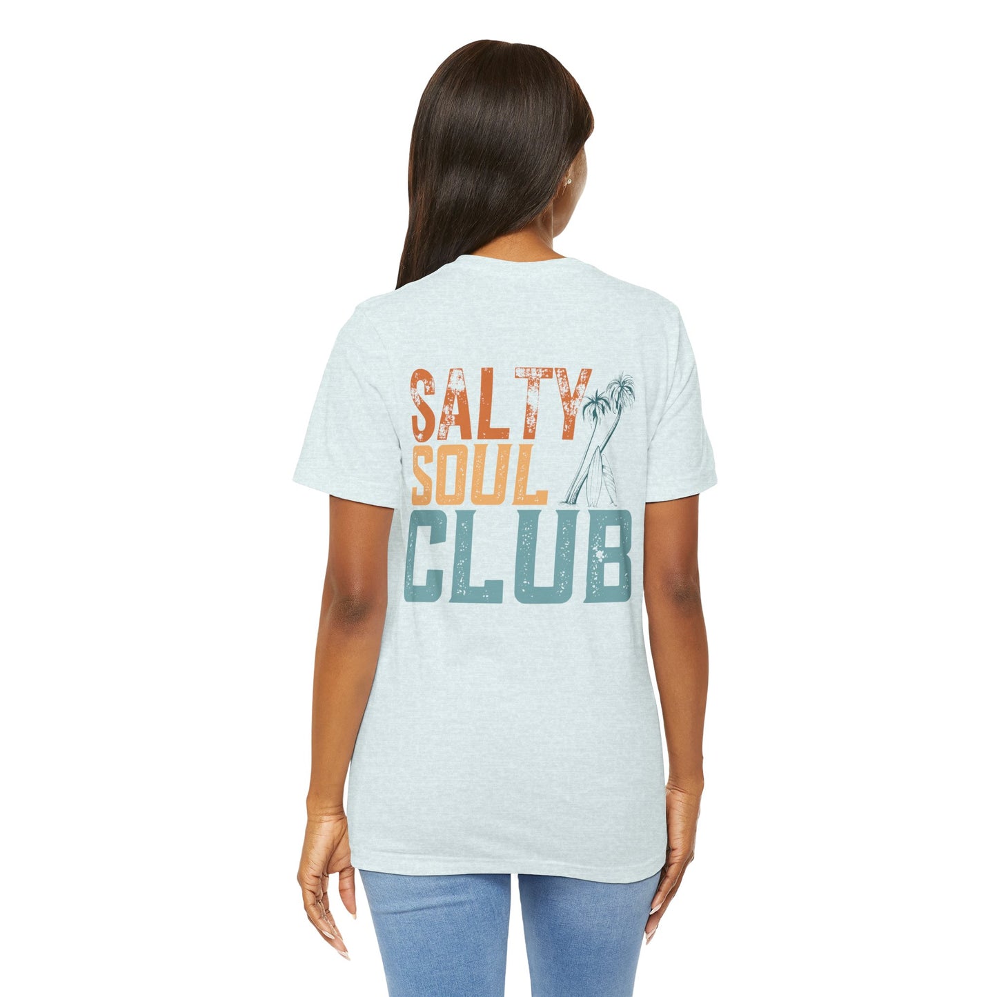 Salty Soul Club Vintage Retro Coastal T-Shirt — Distressed Text Block Back with Logo Front