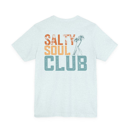 Salty Soul Club Vintage Retro Coastal T-Shirt — Distressed Text Block Back with Logo Front