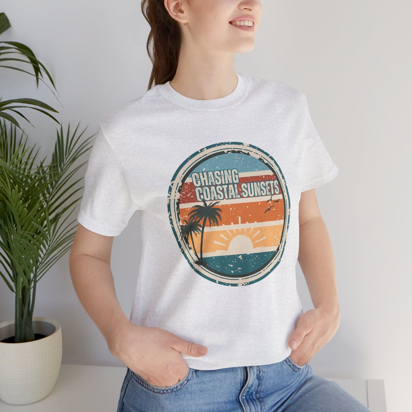 Chasing Coastal Sunsets Vintage Coastal T-Shirt — Distressed Retro Badge Tee