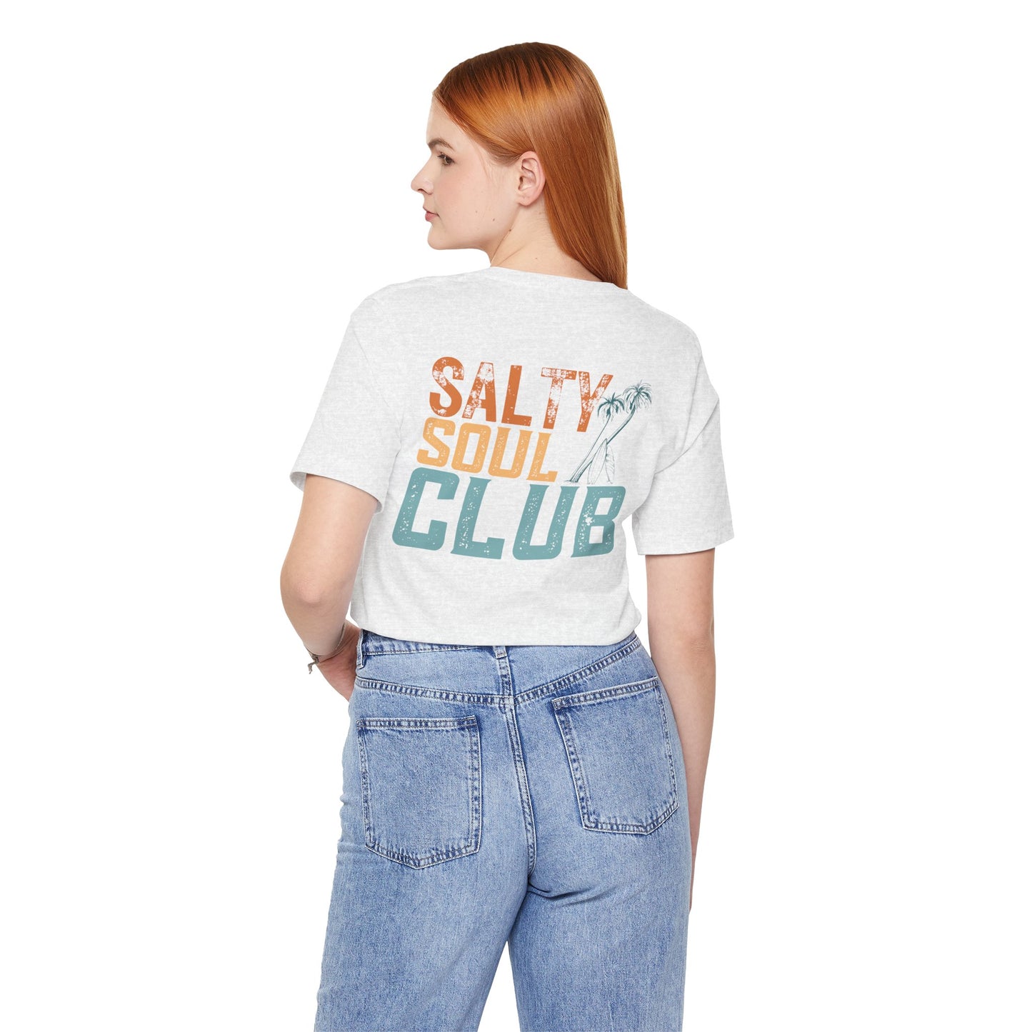 Salty Soul Club Vintage Retro Coastal T-Shirt — Distressed Text Block Back with Logo Front