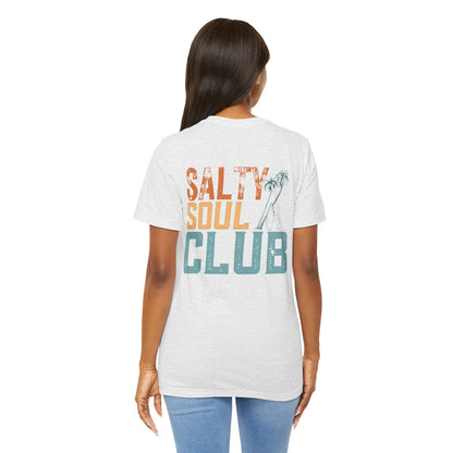 Salty Soul Club Vintage Retro Coastal T-Shirt — Distressed Text Block Back with Logo Front