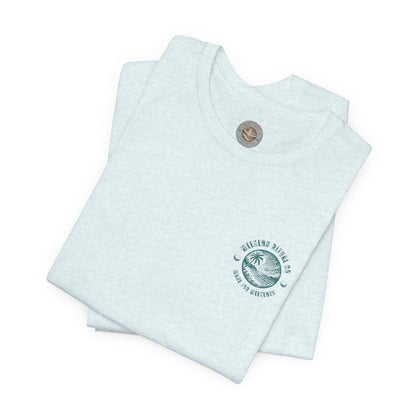 Salty Soul Club Vintage Retro Coastal T-Shirt — Distressed Text Block Back with Logo Front