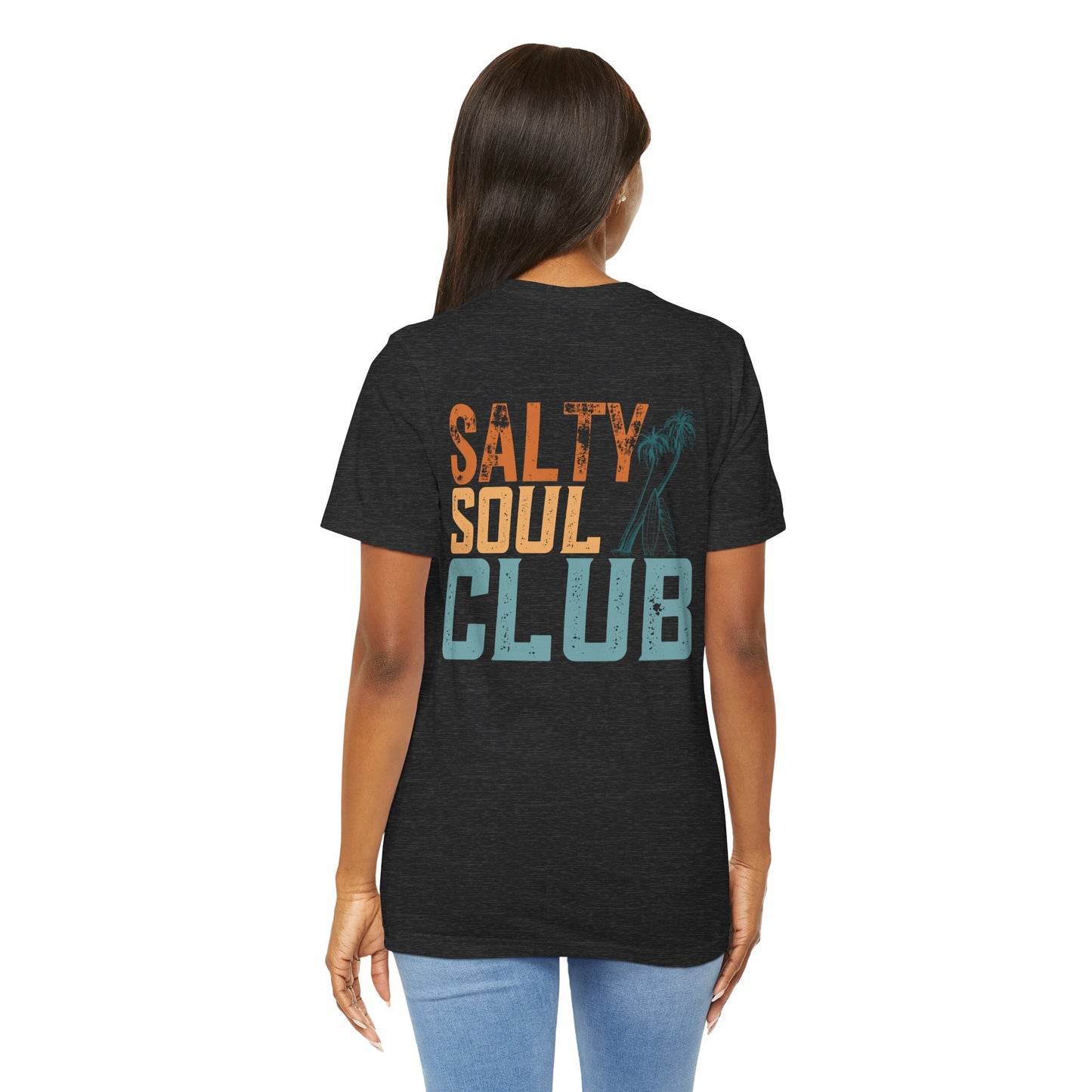 Salty Soul Club Vintage Retro Coastal T-Shirt — Distressed Text Block Back with Logo Front