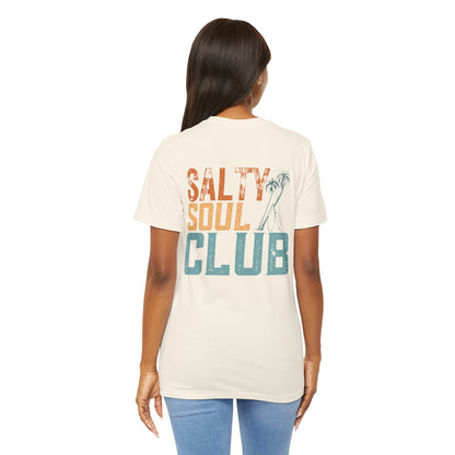 Salty Soul Club Vintage Retro Coastal T-Shirt — Distressed Text Block Back with Logo Front
