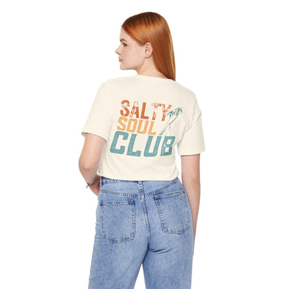 Salty Soul Club Vintage Retro Coastal T-Shirt — Distressed Text Block Back with Logo Front