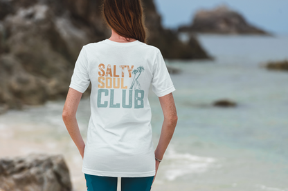 Salty Soul Club Vintage Retro Coastal T-Shirt — Distressed Text Block Back with Logo Front