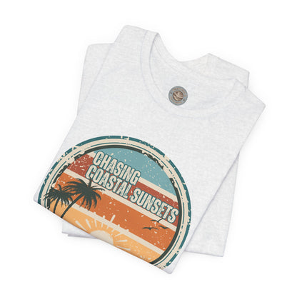 Chasing Coastal Sunsets Vintage Coastal T-Shirt — Distressed Retro Badge Tee