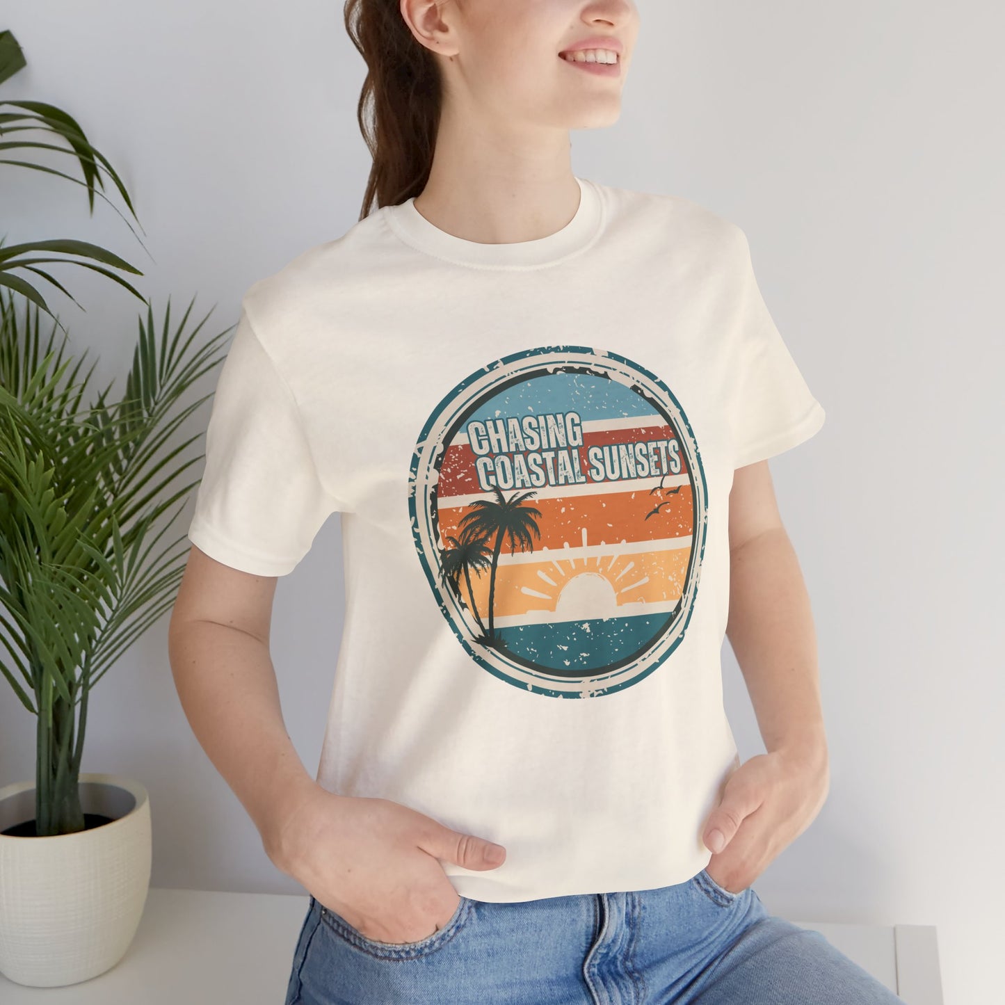 Chasing Coastal Sunsets Vintage Coastal T-Shirt — Distressed Retro Badge Tee