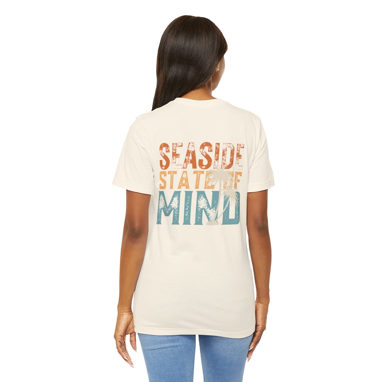Seaside State of Mine Vintage Retro Coastal T-Shirt — Distressed Text Block Back with Logo Front