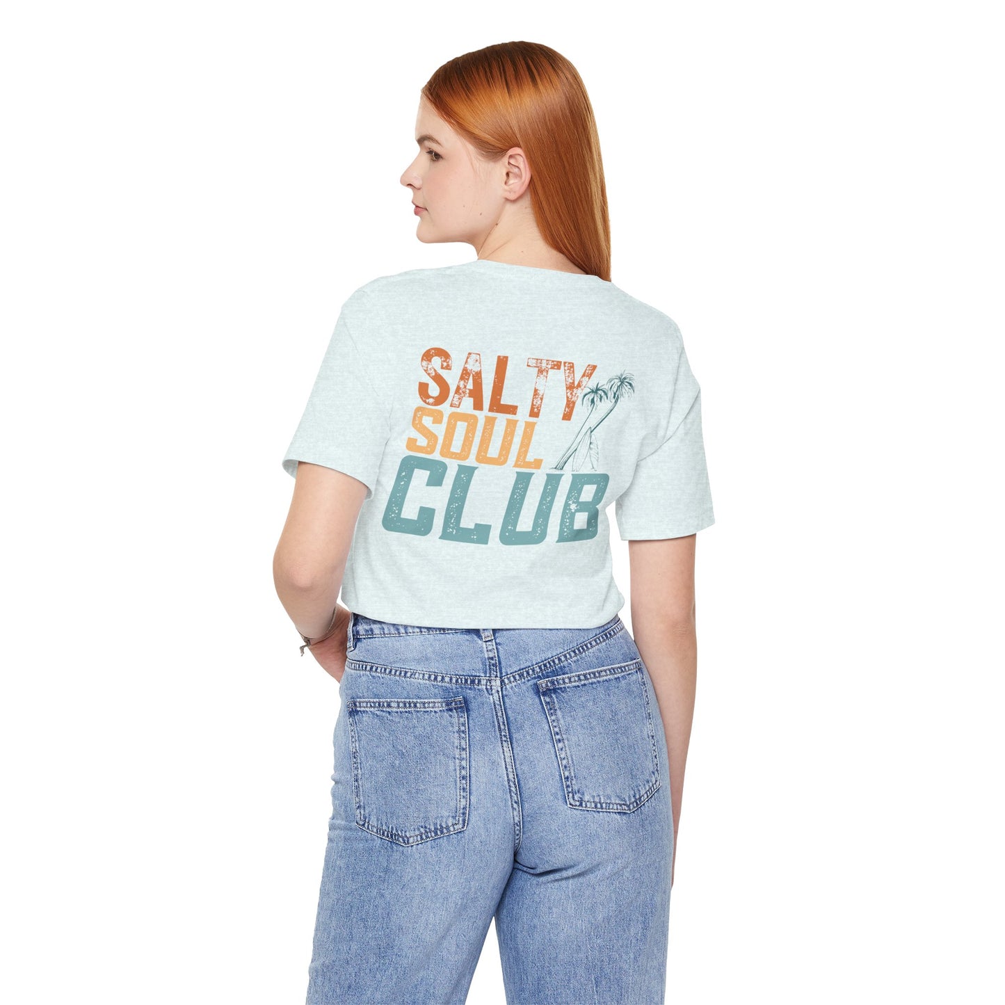 Salty Soul Club Vintage Retro Coastal T-Shirt — Distressed Text Block Back with Logo Front