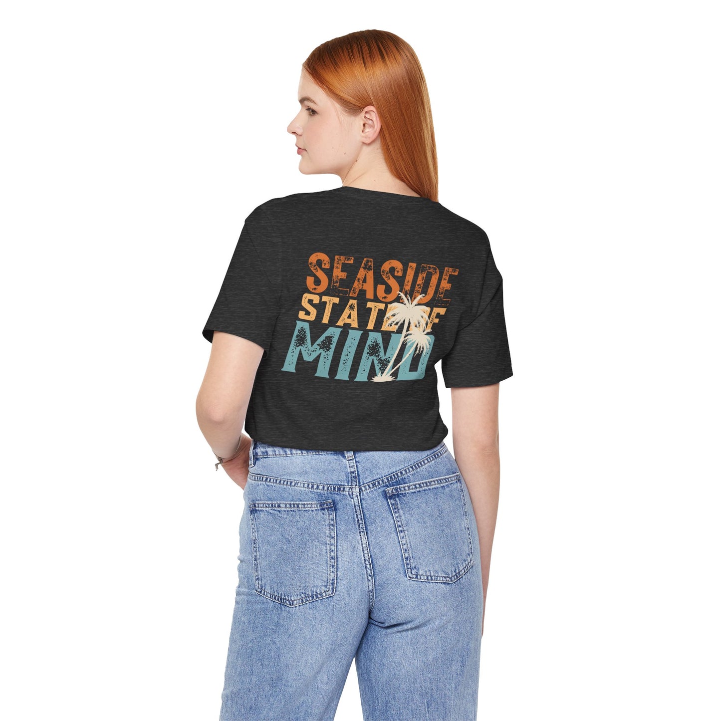 Seaside State of Mine Vintage Retro Coastal T-Shirt — Distressed Text Block Back with Logo Front