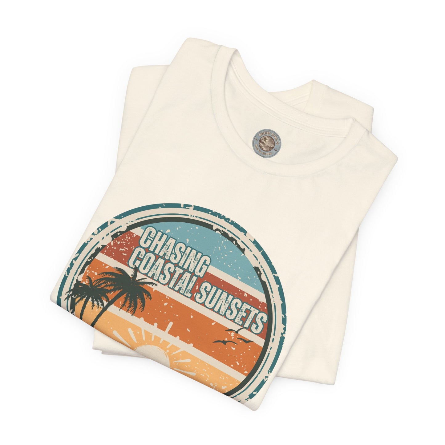 Chasing Coastal Sunsets Vintage Coastal T-Shirt — Distressed Retro Badge Tee