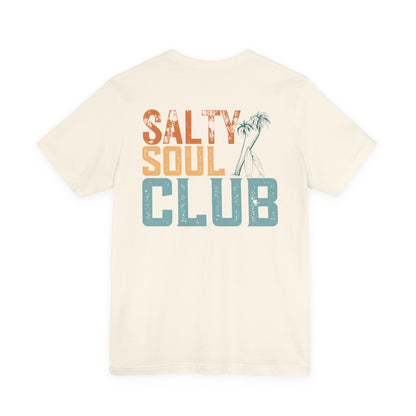 Salty Soul Club Vintage Retro Coastal T-Shirt — Distressed Text Block Back with Logo Front