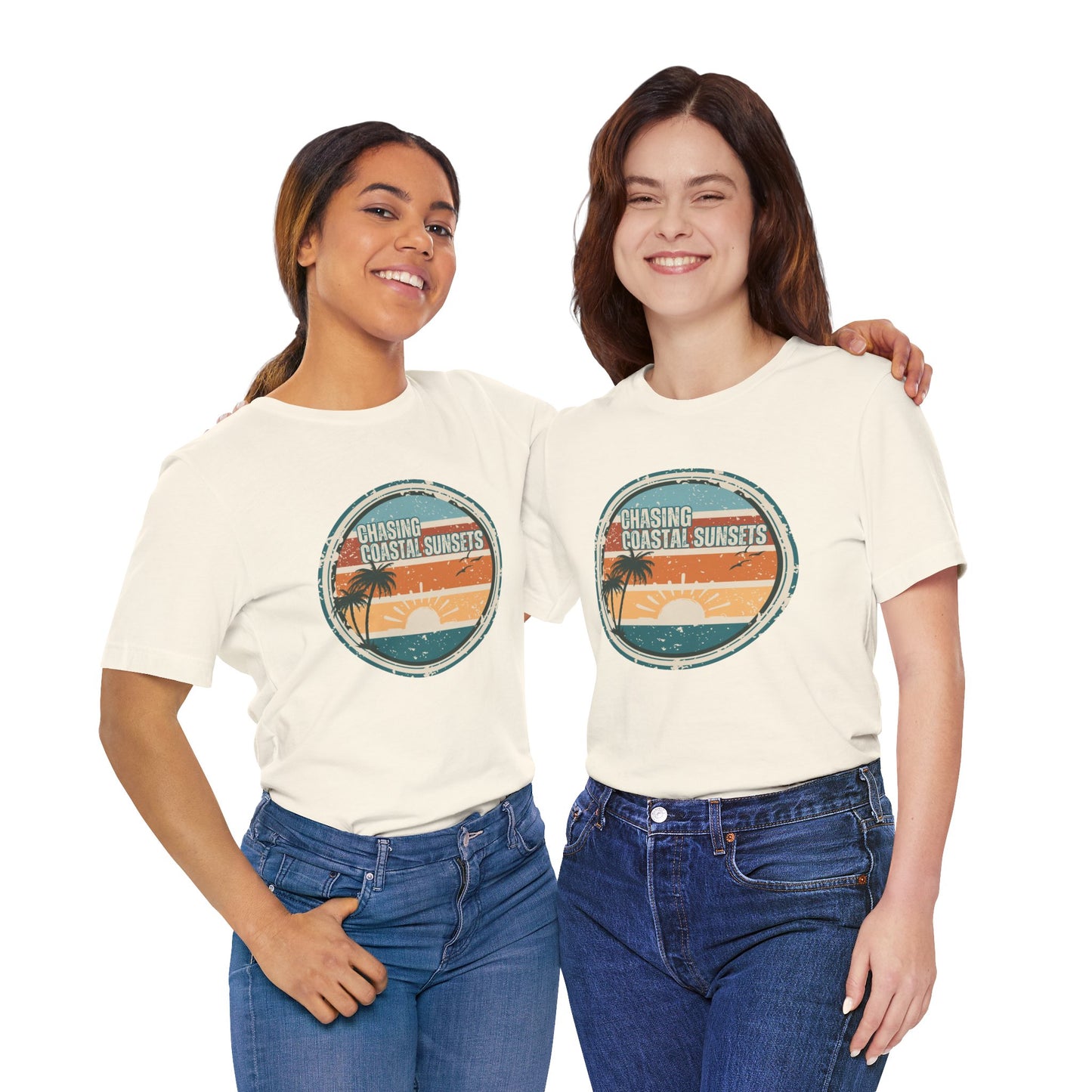 Chasing Coastal Sunsets Vintage Coastal T-Shirt — Distressed Retro Badge Tee
