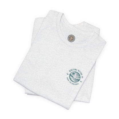 Salty Soul Club Vintage Retro Coastal T-Shirt — Distressed Text Block Back with Logo Front