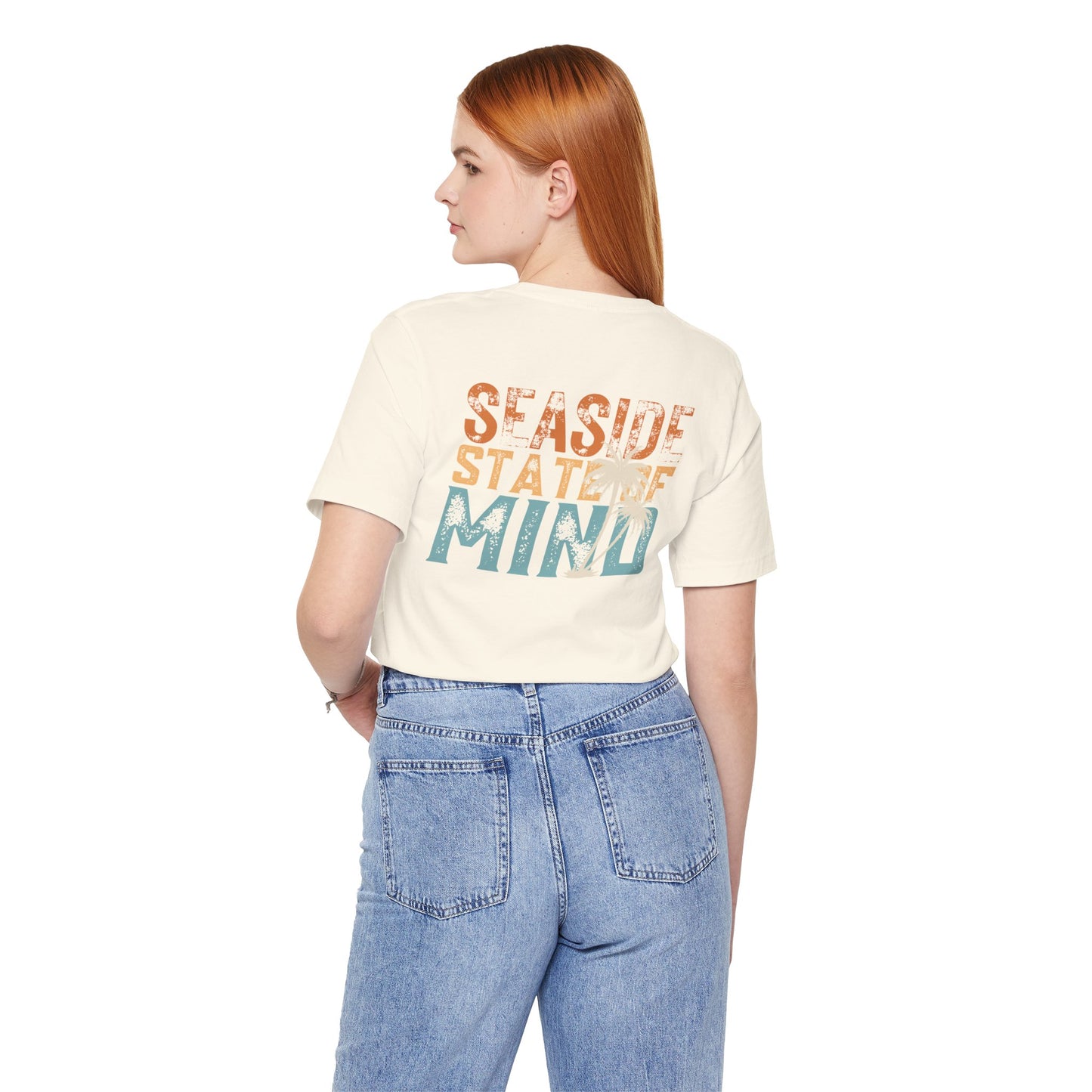 Seaside State of Mine Vintage Retro Coastal T-Shirt — Distressed Text Block Back with Logo Front